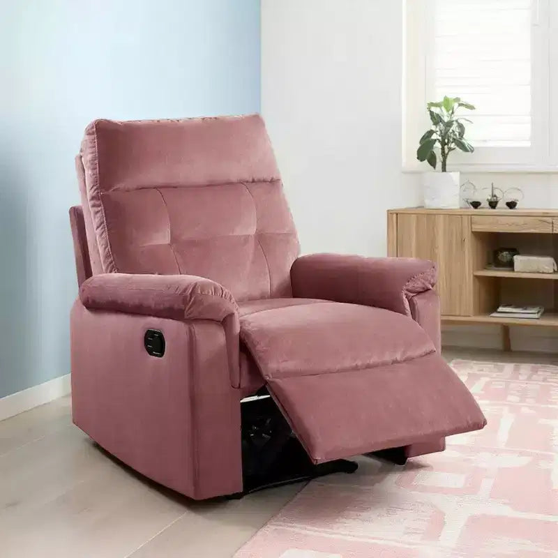 Royal Hampton Manual Recliner Chair, Tufted Cushioned Rose Pink Velvet
