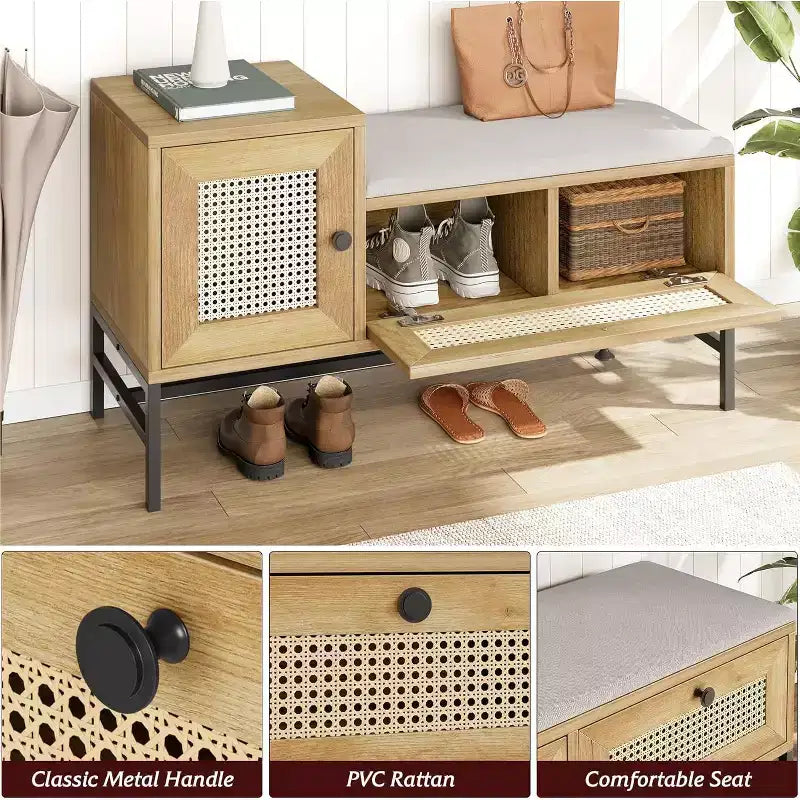 COZONY 39 Banc de rangement en rotin avec coussin en lin, meuble à chaussures à 2 portes, organisateur d'entrée en bois pour couloir ou chambre, chêne naturel
