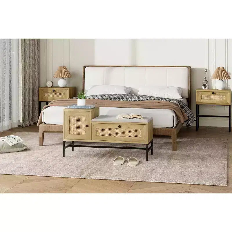 COZONY 39 Banc de rangement en rotin avec coussin en lin, meuble à chaussures à 2 portes, organisateur d'entrée en bois pour couloir ou chambre, chêne naturel