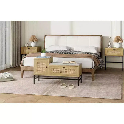 COZONY 39 Banc de rangement en rotin avec coussin en lin, meuble à chaussures à 2 portes, organisateur d'entrée en bois pour couloir ou chambre, chêne naturel