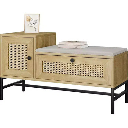 COZONY 39 Banc de rangement en rotin avec coussin en lin, meuble à chaussures à 2 portes, organisateur d'entrée en bois pour couloir ou chambre, chêne naturel