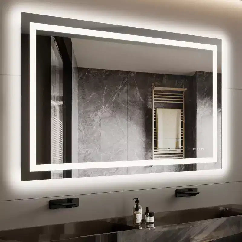 Bathroom mirror, vanity mirror, adjustable backlight, anti-fog technology, memory function, shatterproof glass, horizontal or vertical installation.