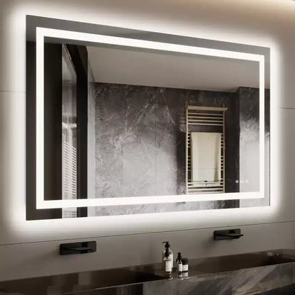 Bathroom mirror, vanity mirror, adjustable backlight, anti-fog technology, memory function, shatterproof glass, horizontal or vertical installation.