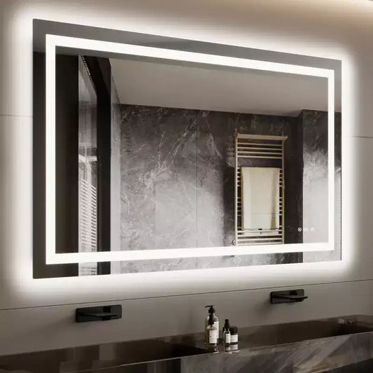 Bathroom mirror, vanity mirror, adjustable backlight, anti-fog technology, memory function, shatterproof glass, horizontal or vertical installation.