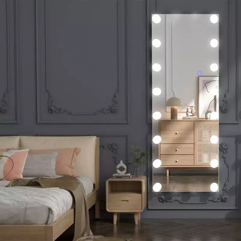 Miroir pleine longueur à angle droit avec support, miroir sur pied, cadre en alliage d'aluminium, peut être installé droit ou fixé au mur.