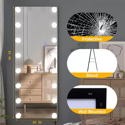 Miroir pleine longueur à angle droit avec support, miroir sur pied, cadre en alliage d'aluminium, peut être installé droit ou fixé au mur.
