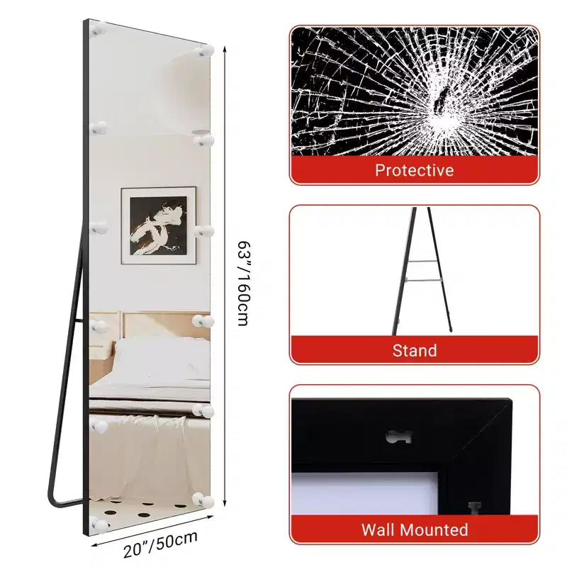 Miroir pleine longueur à angle droit avec support, miroir sur pied, cadre en alliage d'aluminium, peut être installé droit ou fixé au mur.