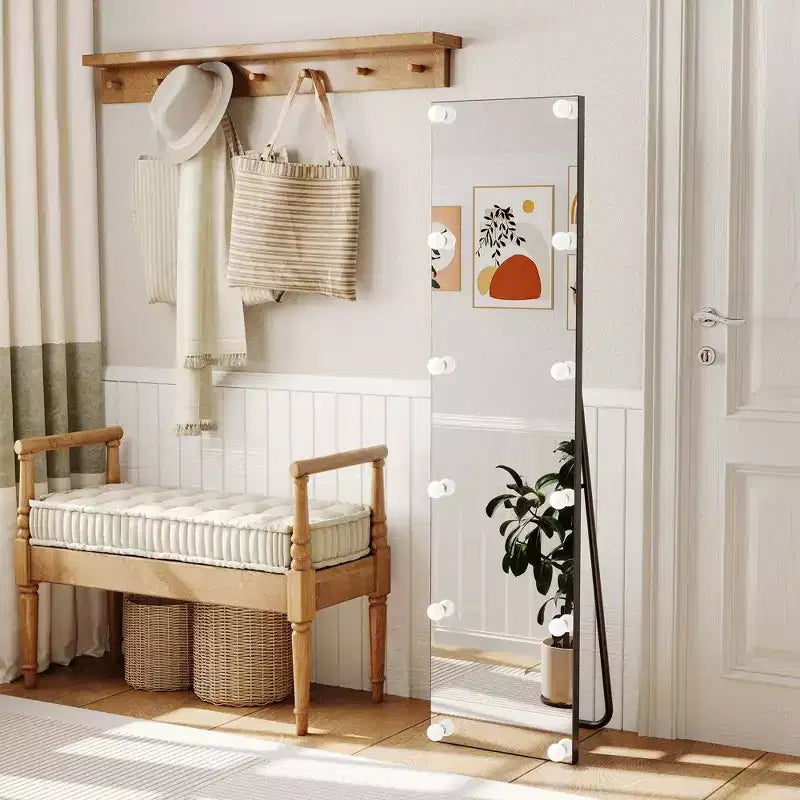 Miroir pleine longueur à angle droit avec support, miroir sur pied, cadre en alliage d'aluminium, peut être installé droit ou fixé au mur.