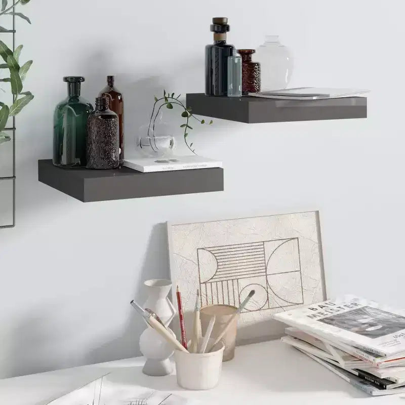Wall Shelf Set of 2 High gloss gray Honeycomb MDF, Metal