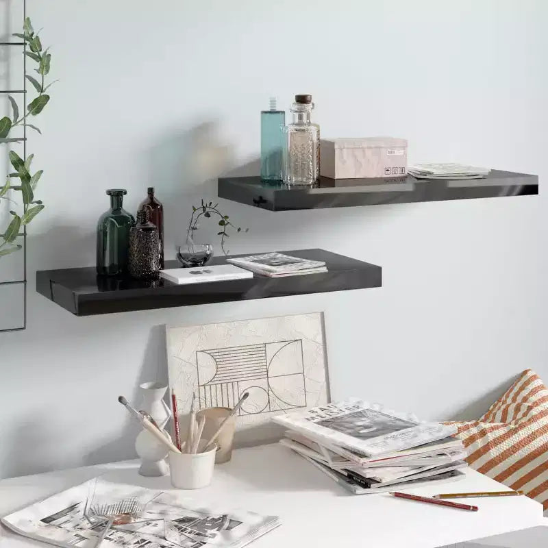 Wall Shelf Set of 2 High gloss black Honeycomb MDF, metal Medium