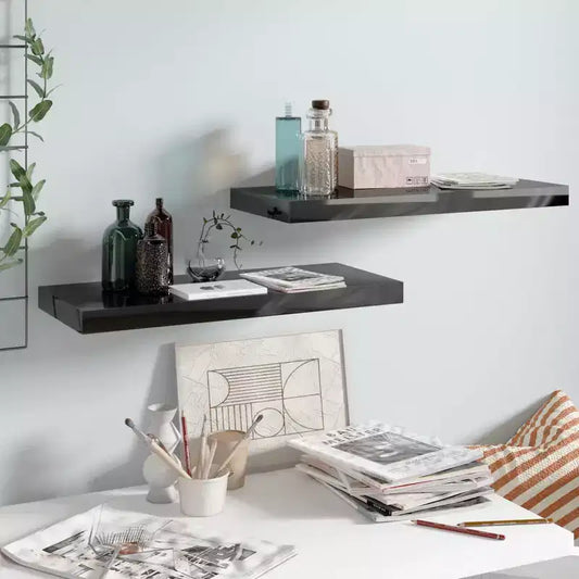 Wall Shelf Set of 2 High gloss black Honeycomb MDF, metal Medium