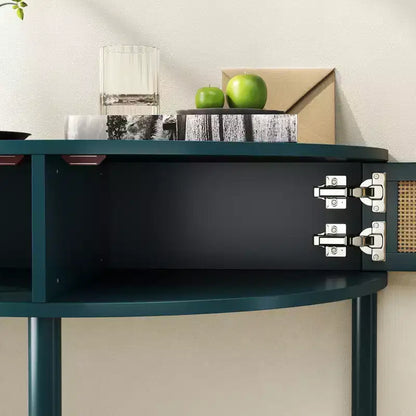 Console demi-lune Homy Casa avec porte en rotin, meuble de rangement d'entrée