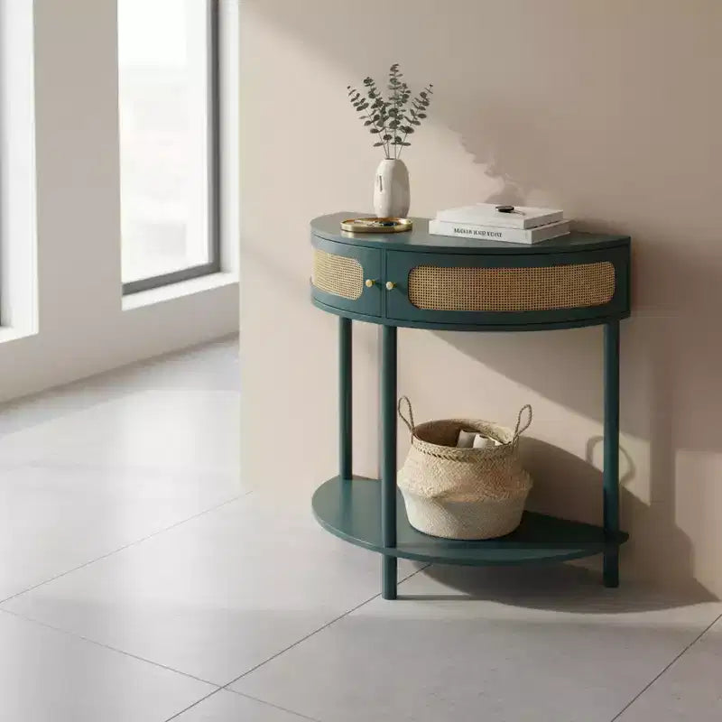 Console demi-lune Homy Casa avec porte en rotin, meuble de rangement d'entrée
