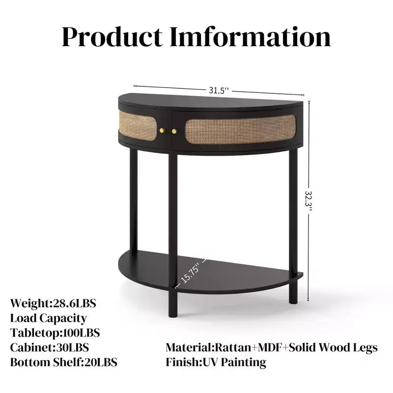 Console demi-lune Homy Casa avec porte en rotin, meuble de rangement d'entrée