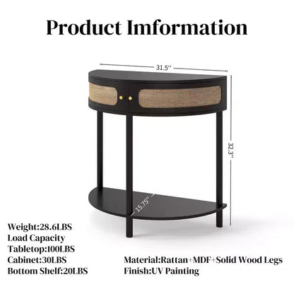 Console demi-lune Homy Casa avec porte en rotin, meuble de rangement d'entrée