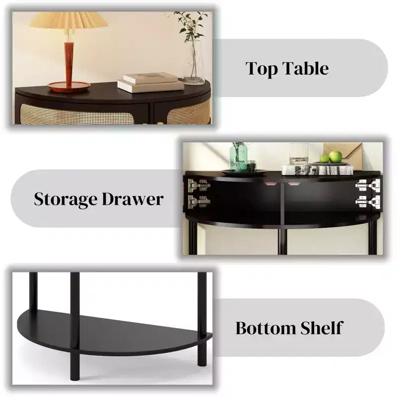 Console demi-lune Homy Casa avec porte en rotin, meuble de rangement d'entrée