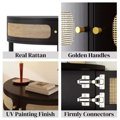 Console demi-lune Homy Casa avec porte en rotin, meuble de rangement d'entrée