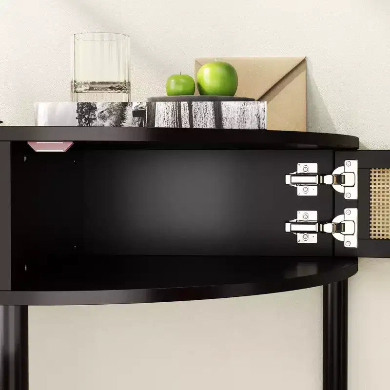 Console demi-lune Homy Casa avec porte en rotin, meuble de rangement d'entrée