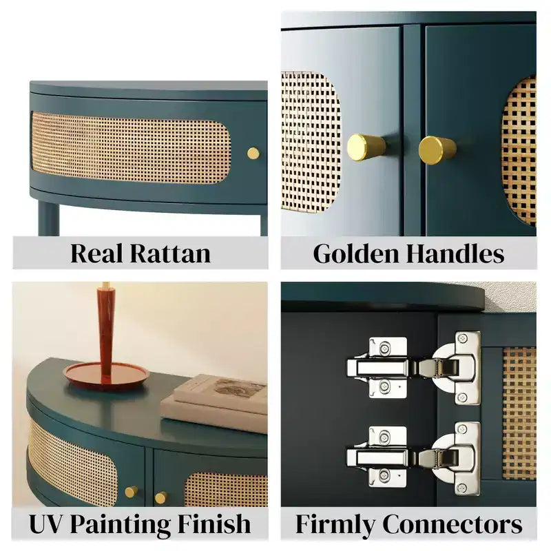 Console demi-lune Homy Casa avec porte en rotin, meuble de rangement d'entrée