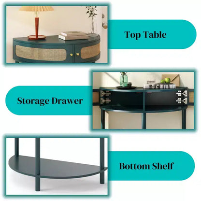 Console demi-lune Homy Casa avec porte en rotin, meuble de rangement d'entrée