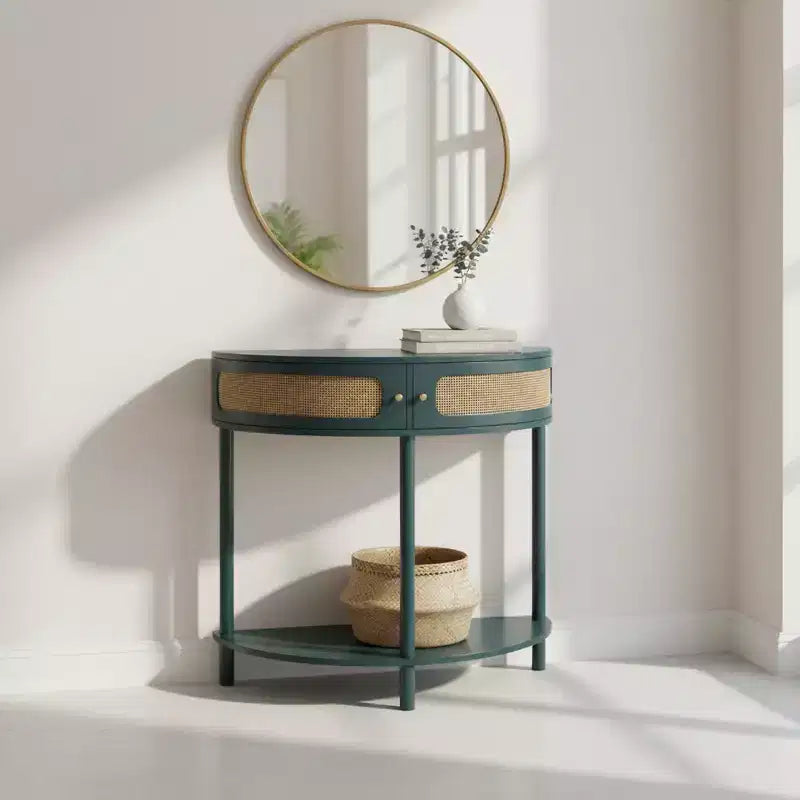 Homy Casa Half-Moon Console Table with Rattan-Inspired Door, Entryway Accent Storage
