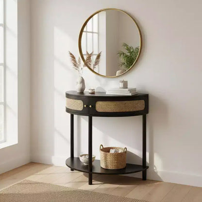 Console demi-lune Homy Casa avec porte en rotin, meuble de rangement d'entrée