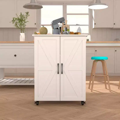 Okak Farmhouse Kitchen Island with 2 Cabinet Doors, Kitchen Cart with Ample Storage Space, Kitchen Island On Wheels for Kitchen, Dining Room, White