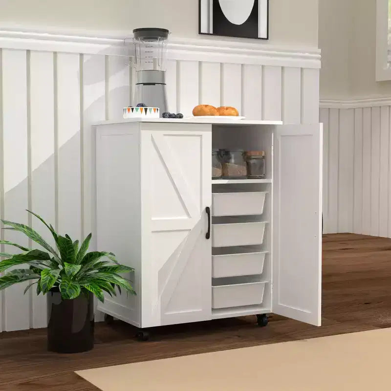 Okak Îlot de cuisine avec 2 portes de placard, chariot de cuisine avec grand espace de rangement, îlot de cuisine sur roulettes pour cuisine, salle à manger, blanc
