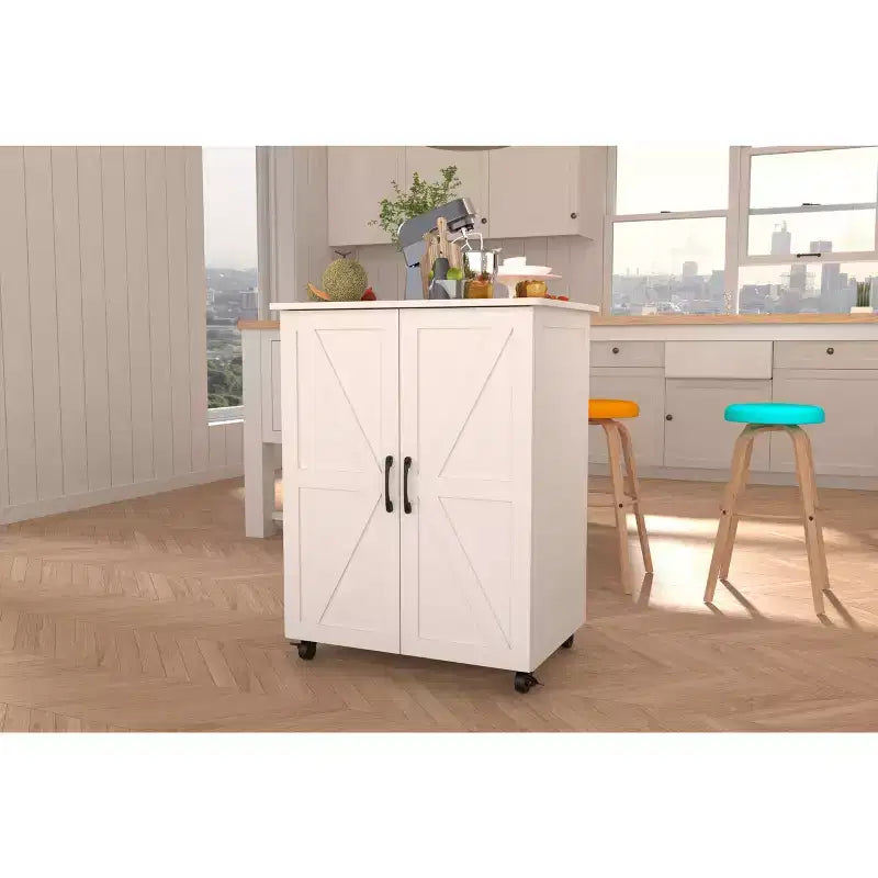 Okak Îlot de cuisine avec 2 portes de placard, chariot de cuisine avec grand espace de rangement, îlot de cuisine sur roulettes pour cuisine, salle à manger, blanc