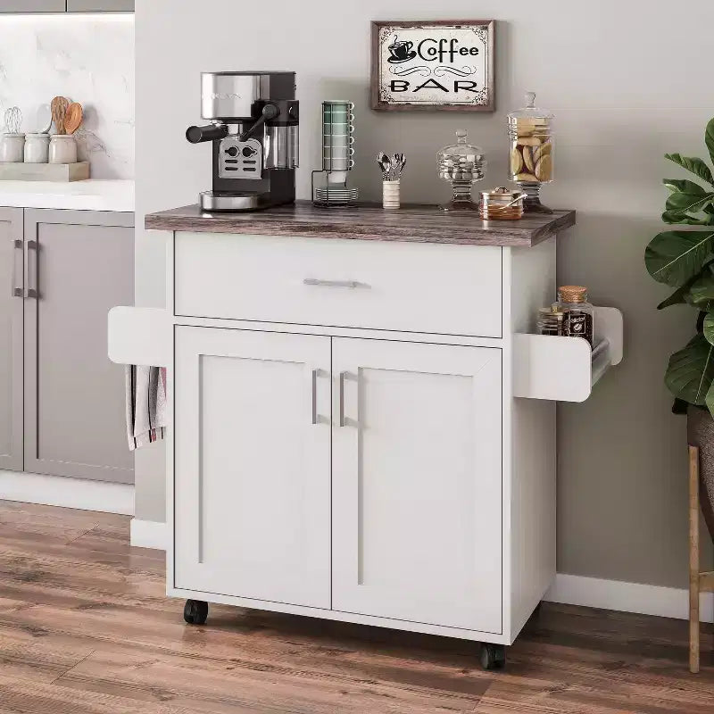 Okak Kitchen Island On Wheels with Water Resistant Top, Kitchen Cart with Adjustable Shelves, Towel Rack and Spice Rack, Countertop Organizer, White