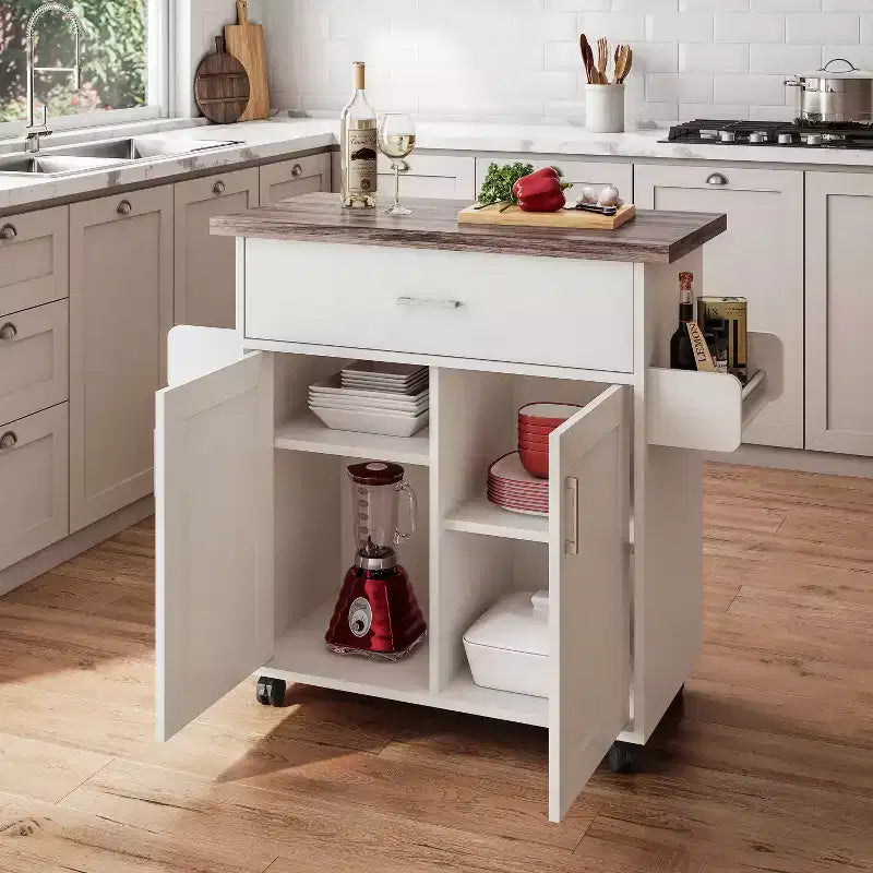 Îlot de cuisine mobile Okak avec plateau résistant à l'eau, chariot de cuisine avec étagères réglables, porte-serviettes et porte-épices, organisateur de comptoir, blanc