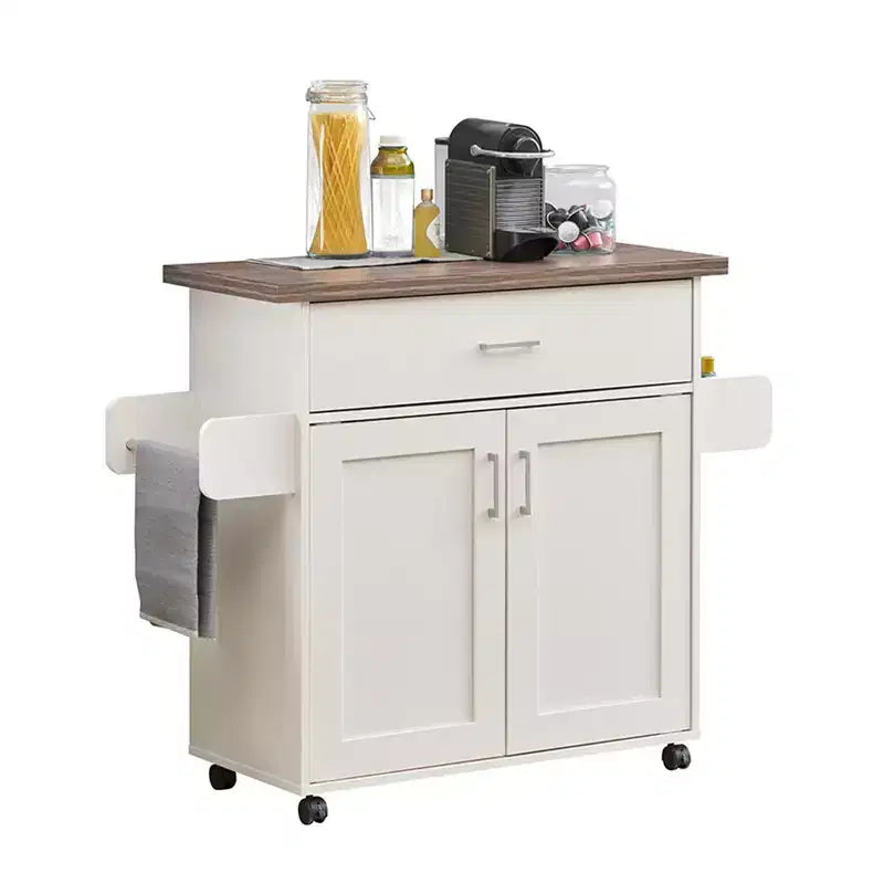 Îlot de cuisine mobile Okak avec plateau résistant à l'eau, chariot de cuisine avec étagères réglables, porte-serviettes et porte-épices, organisateur de comptoir, blanc