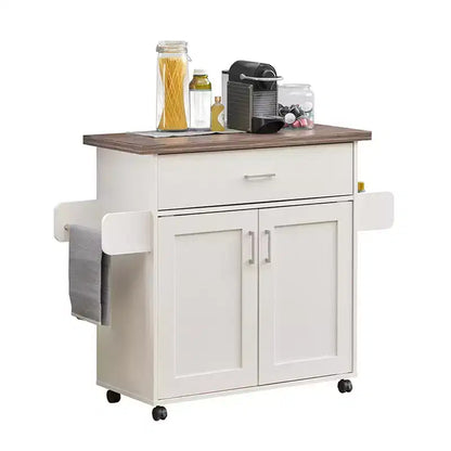 Îlot de cuisine mobile Okak avec plateau résistant à l'eau, chariot de cuisine avec étagères réglables, porte-serviettes et porte-épices, organisateur de comptoir, blanc