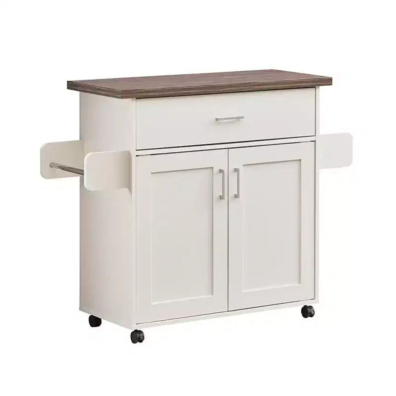 Îlot de cuisine mobile Okak avec plateau résistant à l'eau, chariot de cuisine avec étagères réglables, porte-serviettes et porte-épices, organisateur de comptoir, blanc