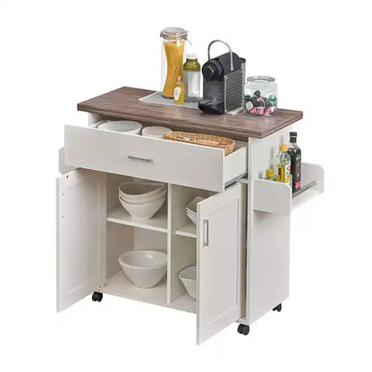 Îlot de cuisine mobile Okak avec plateau résistant à l'eau, chariot de cuisine avec étagères réglables, porte-serviettes et porte-épices, organisateur de comptoir, blanc