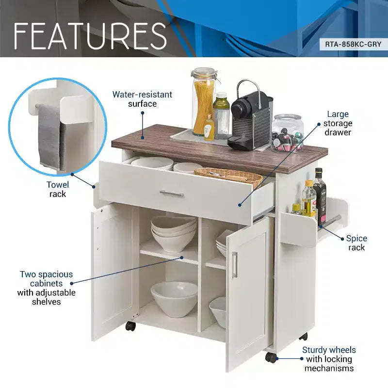 Îlot de cuisine mobile Okak avec plateau résistant à l'eau, chariot de cuisine avec étagères réglables, porte-serviettes et porte-épices, organisateur de comptoir, blanc