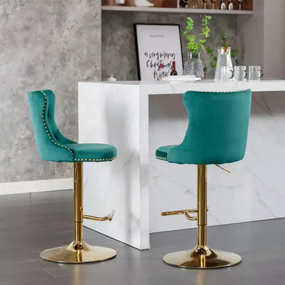 Lot de 2 tabourets de bar pivotants en velours Okak à hauteur réglable, tabourets de bar modernes rembourrés avec base dorée pour pub à la maison
