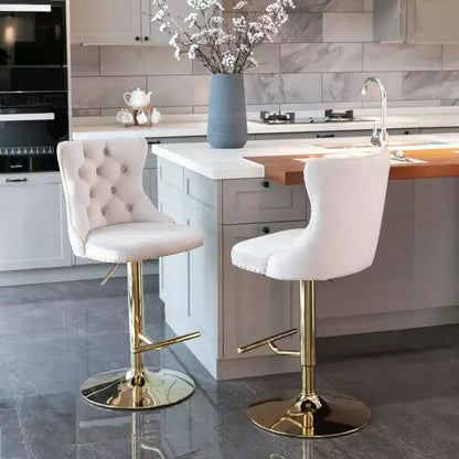 Lot de 2 tabourets de bar pivotants en velours Okak à hauteur réglable, tabourets de bar modernes rembourrés avec base dorée pour pub à la maison