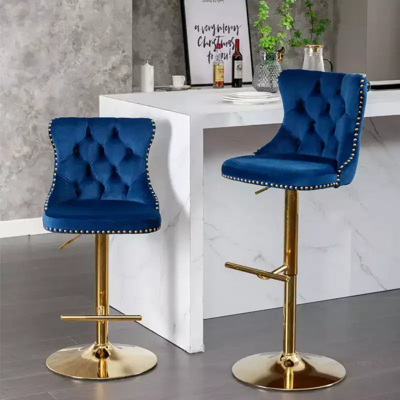 Lot de 2 tabourets de bar pivotants en velours Okak à hauteur réglable, tabourets de bar modernes rembourrés avec base dorée pour pub à la maison