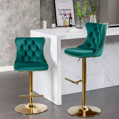 Lot de 2 tabourets de bar pivotants en velours Okak à hauteur réglable, tabourets de bar modernes rembourrés avec base dorée pour pub à la maison