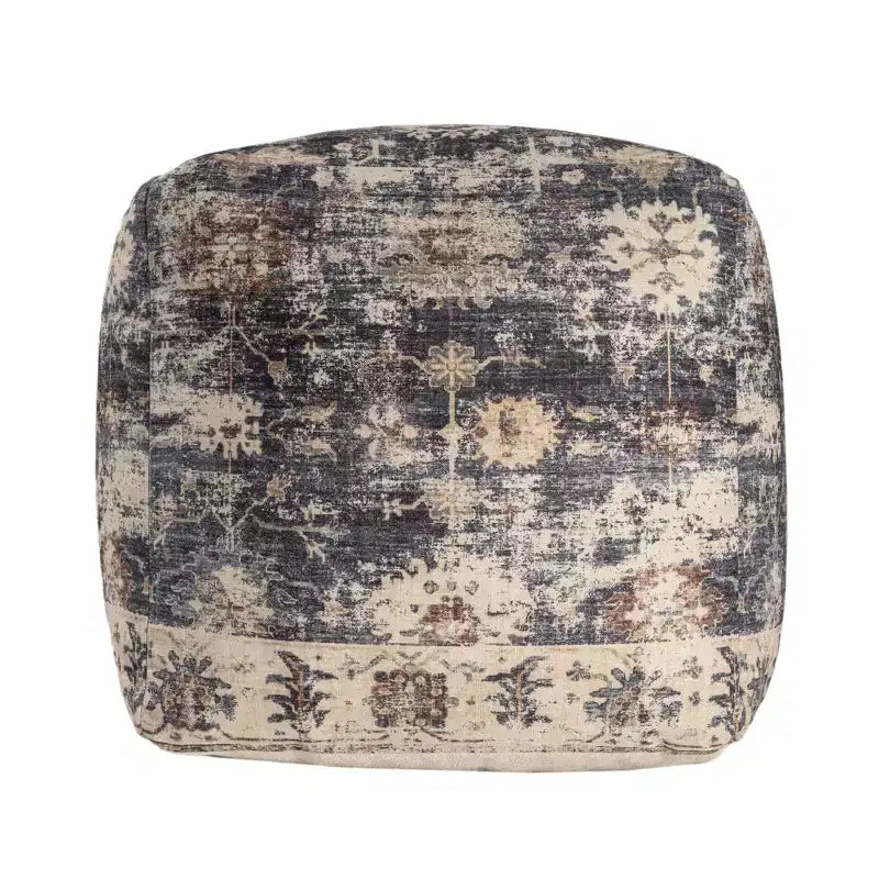 HomeRoots 18 Navy Blue and Tan Upholstered Medallion Pouf Ottoman