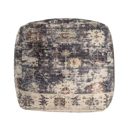 HomeRoots 18 Navy Blue and Tan Upholstered Medallion Pouf Ottoman