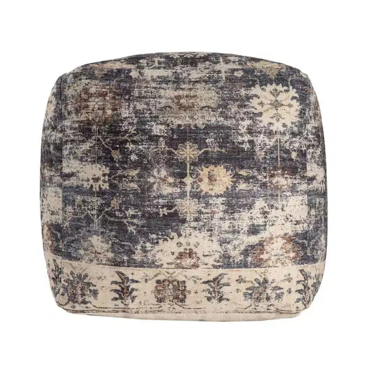 HomeRoots 18 Navy Blue and Tan Upholstered Medallion Pouf Ottoman