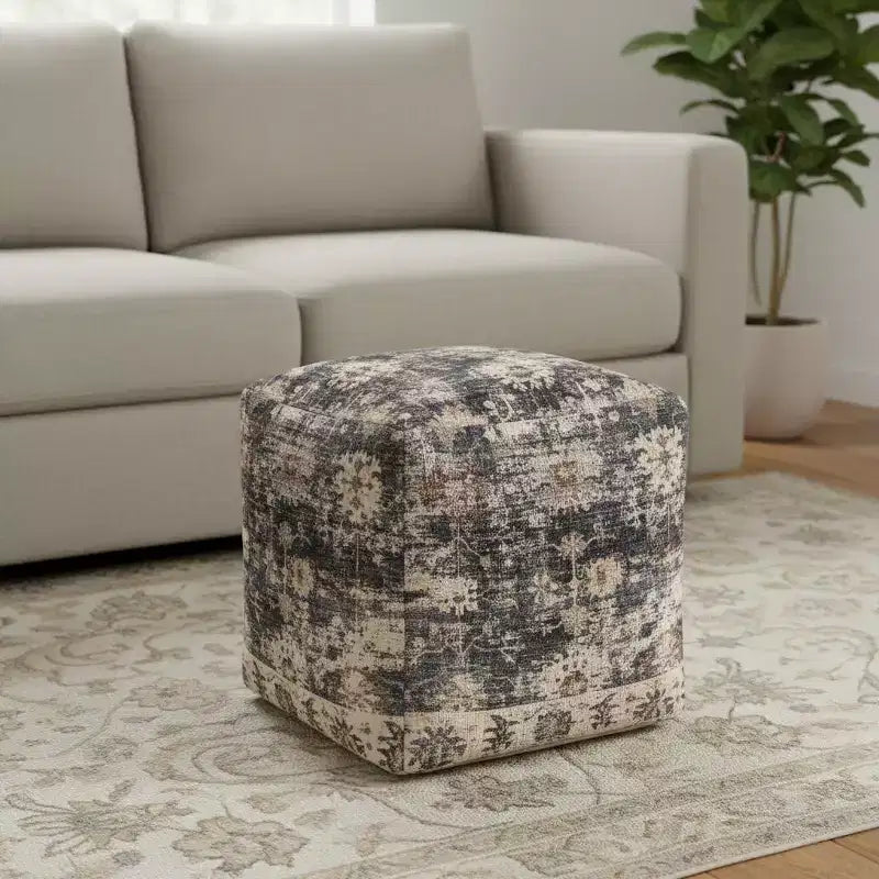 HomeRoots Pouf-ottoman rembourré médaillon bleu marine et marron 18 po