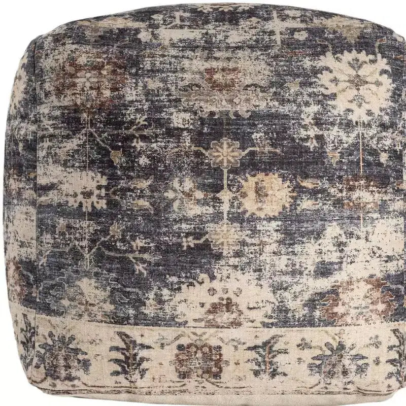 HomeRoots Pouf-ottoman rembourré médaillon bleu marine et marron 18 po