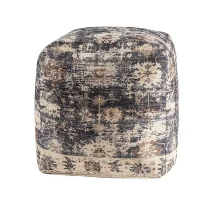 HomeRoots Pouf-ottoman rembourré médaillon bleu marine et marron 18 po