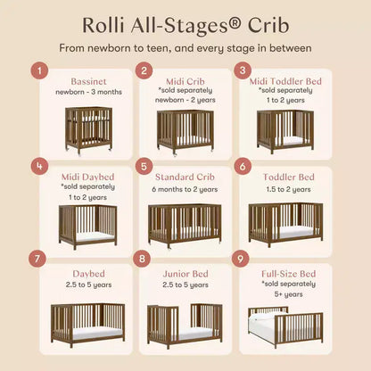 Lit de bébé évolutif 9-en-1 Babyletto Rolli avec berceau et kits de conversion pour lit de bambin