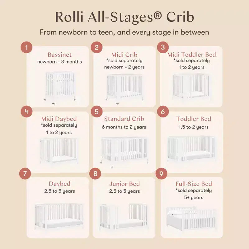 Lit de bébé évolutif 9-en-1 Babyletto Rolli avec berceau et kits de conversion pour lit de bambin