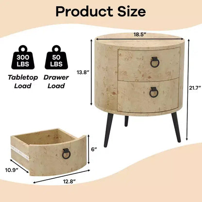 Table d'appoint ronde avec étagère de rangement et 2 tiroirs, table de chevet de style campagnard pour salon, chambre à coucher, plateau en bois
