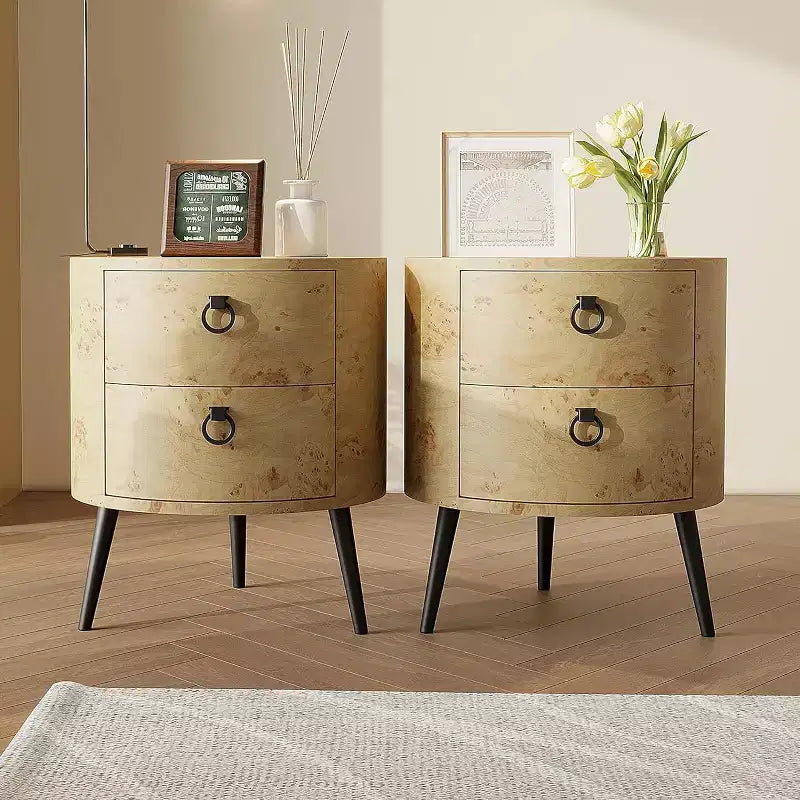 Table d'appoint ronde avec étagère de rangement et 2 tiroirs, table de chevet de style campagnard pour salon, chambre à coucher, plateau en bois